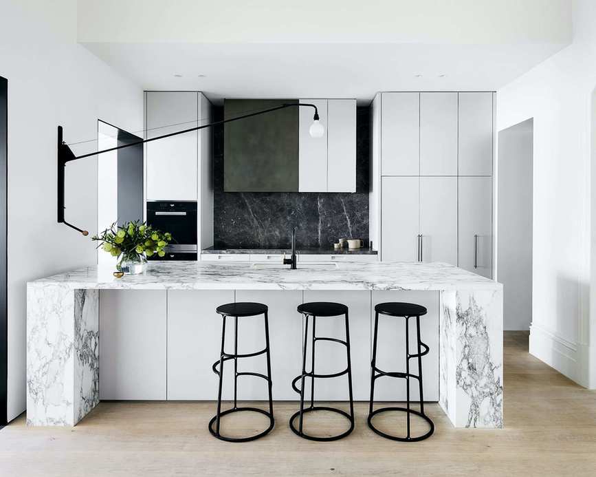 mid century modern decor with white kitchen and lamp