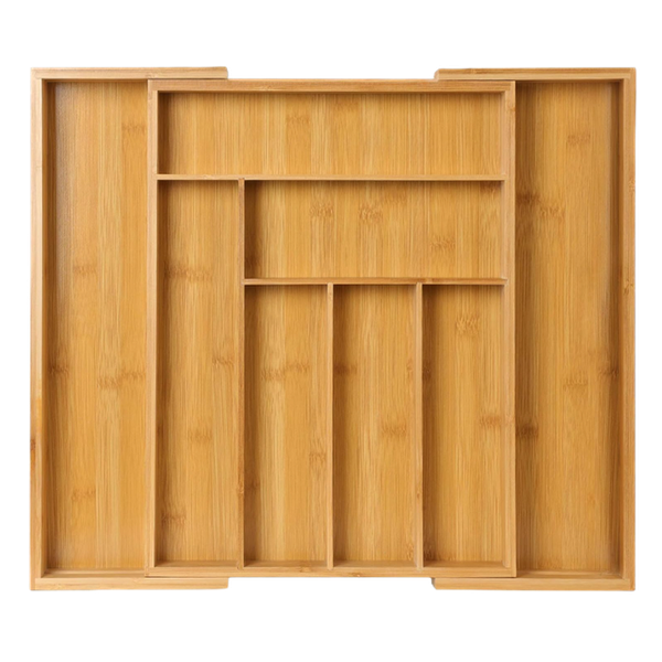 a stock photo of a bamboo drawer organizer with many compartments for cutlery and other utensils