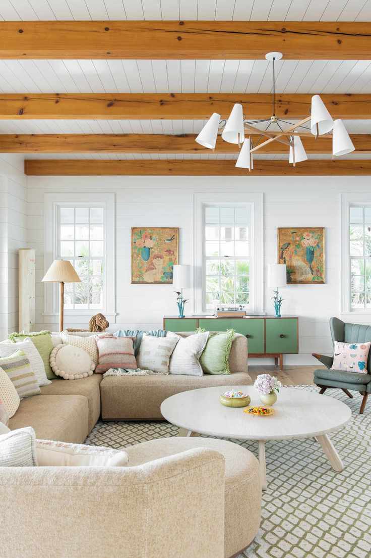 Stylish living room with wooden beams and a cozy sofa
