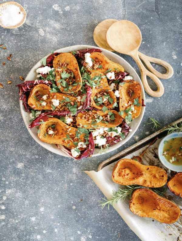 roasted honeynut squash recipe with radicchio, goat cheese and pecans