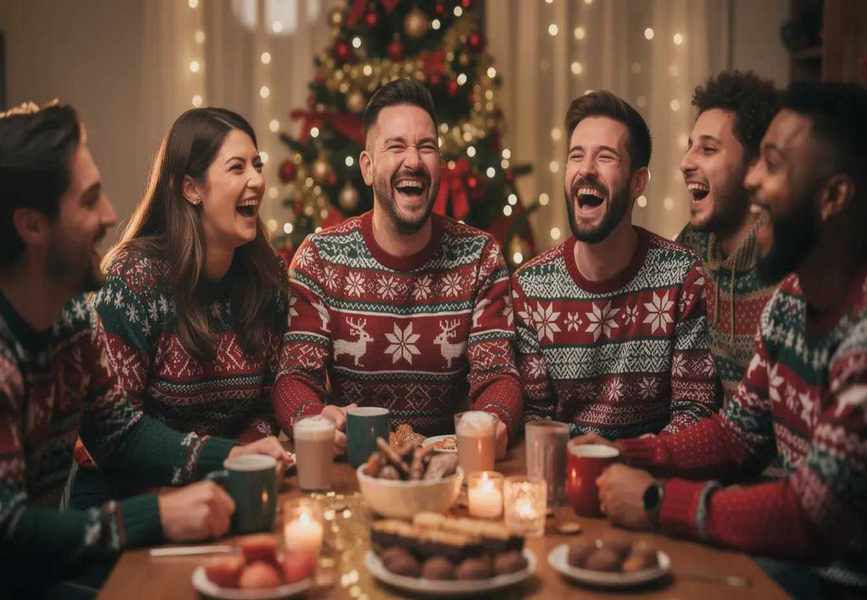A group of friends is joyfully laughing together while wearing colorful, festive knitwear, including knitted sweaters and cardigans, at an indoor holiday gathering. The vibrant knitted or crocheted material adds warmth and comfort to their upper bodies as they enjoy each other's company.