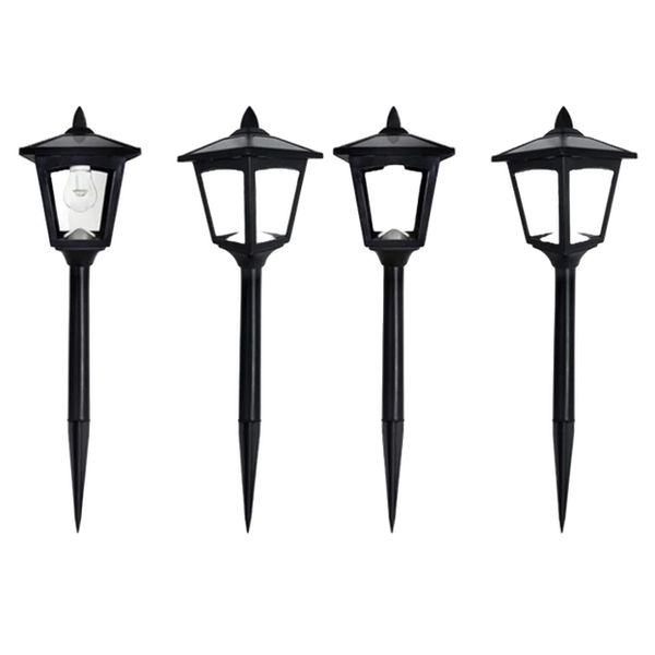 a set of four solar powered garden lights in the shape of lanterns that stake into the ground