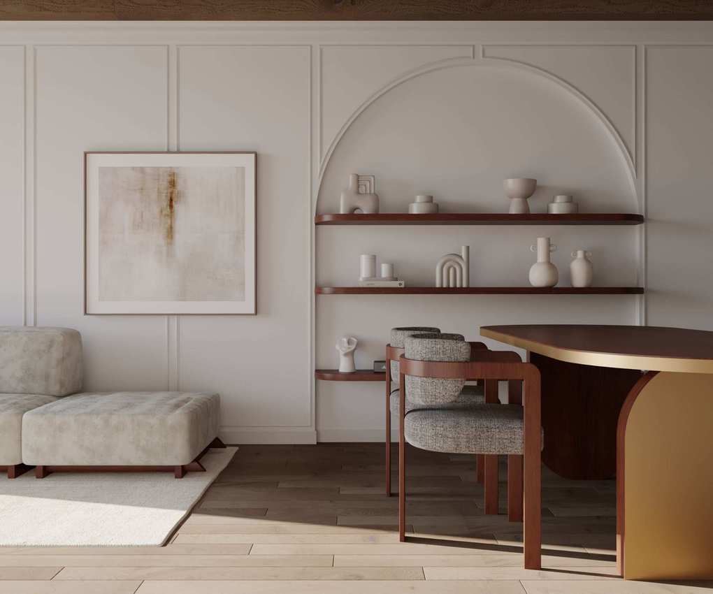 Open plan with wooden shelves
