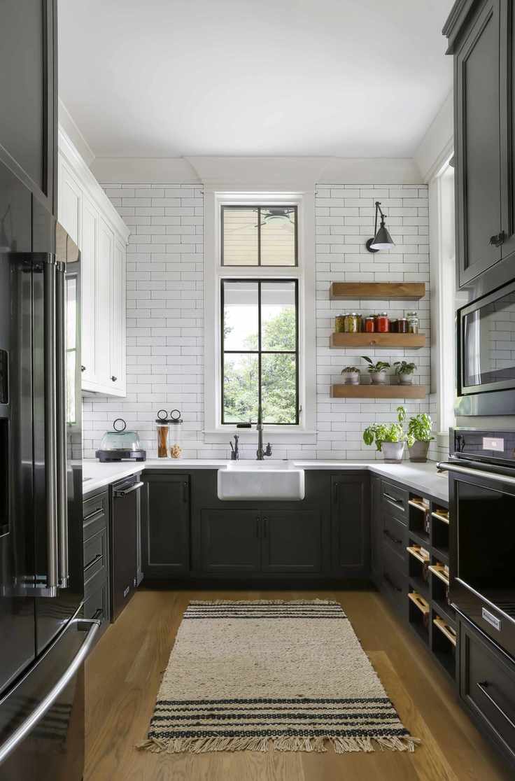 stylish kitchen with wooden shelves displaying spice jars and plants