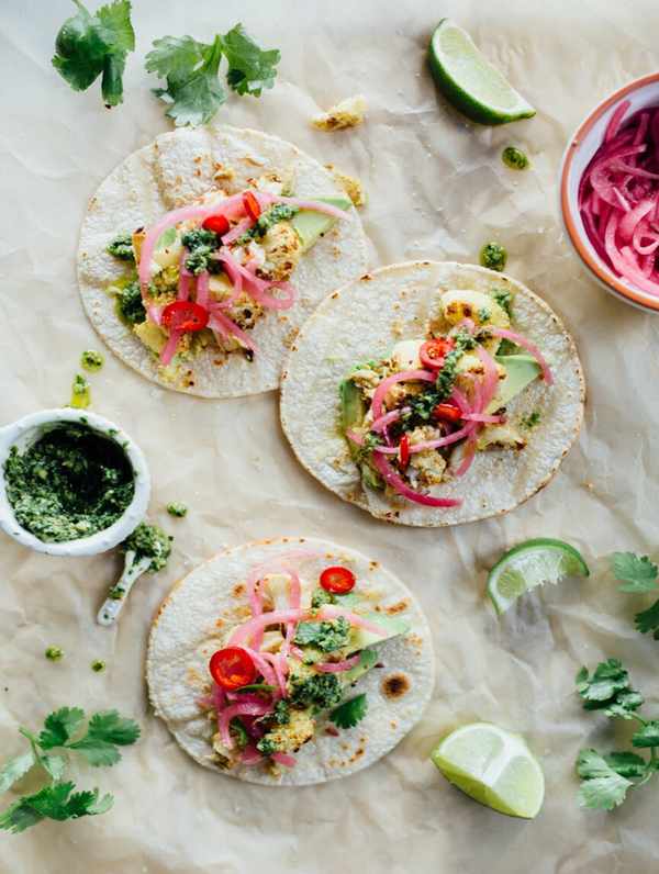 roasted cauliflower tacos with cilantro pesto