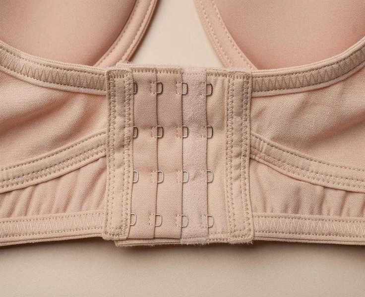The image features a close-up view of a bra's intricate construction, highlighting reinforced seams and multiple hook closures, which are essential for a properly fitted bra. This detailed look emphasizes the importance of correct band and cup sizes for optimal support and comfort.
