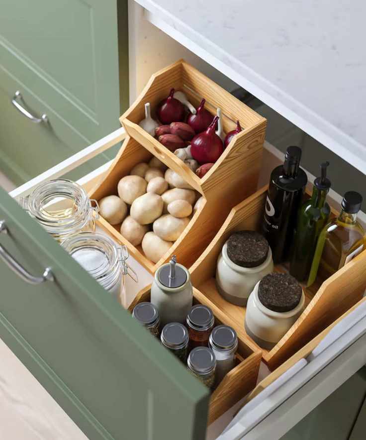 IKEA's stacking food boxes in a kitchen drawer, filled with onions and garlic on the top layer, and potatoes on the lower one