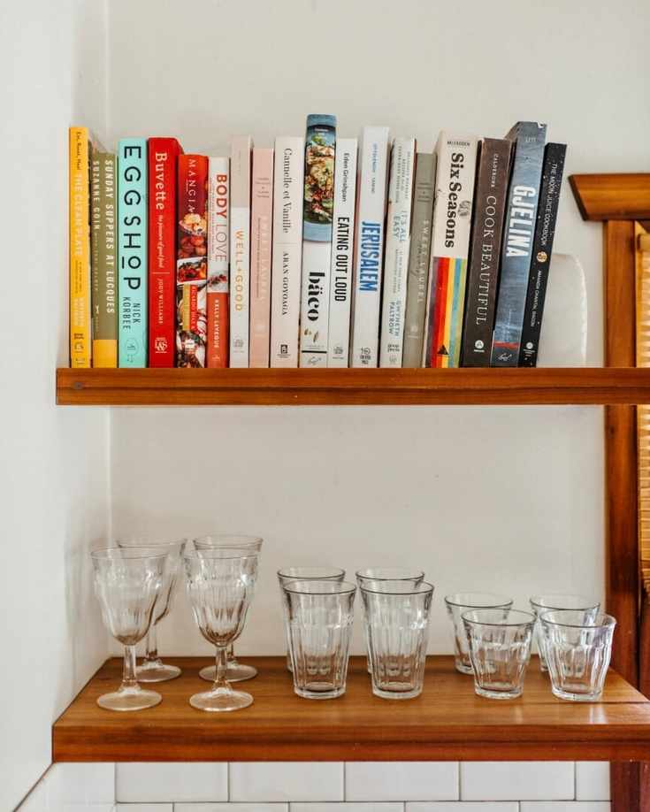 cookbooks and glassware, olivia muniak kitchen