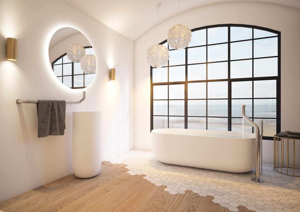 Wooden and transition hexagon tile floor, smooth bath and sink