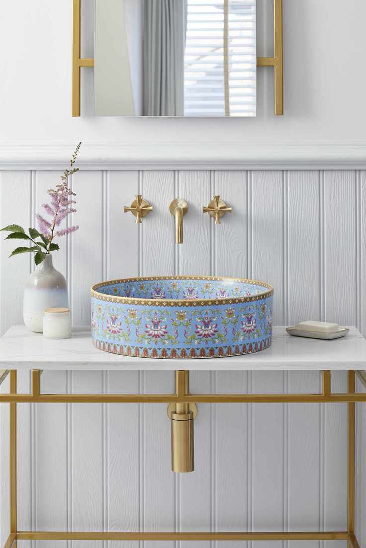 blue decorated bathroom basin