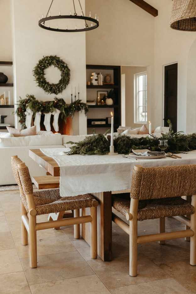 Holiday table with evergreen runner