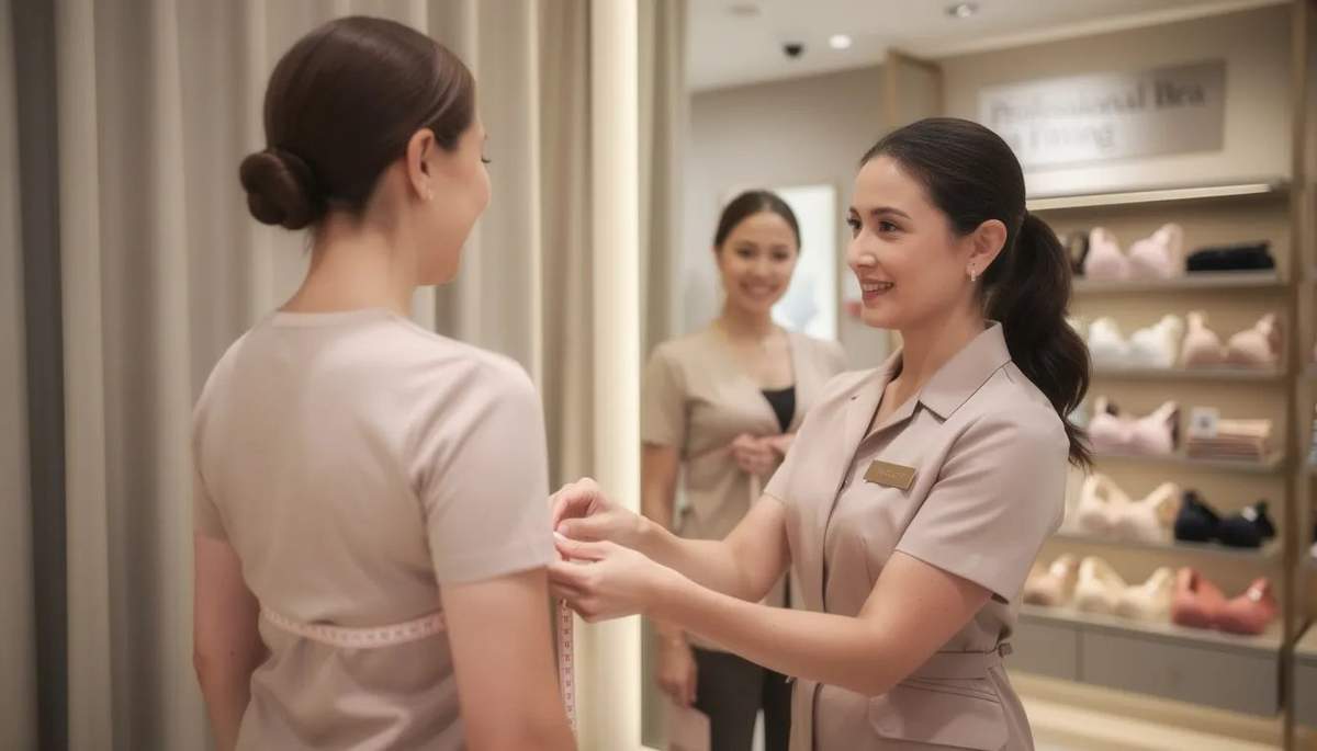 A woman receiving a professional bra fitting in a store, where a fitting specialist measures her band and cup sizes to ensure optimal fit and support for her breast tissue. The aim is to help her find a bra that accommodates her breast volume and reduces potential shoulder or back pain.