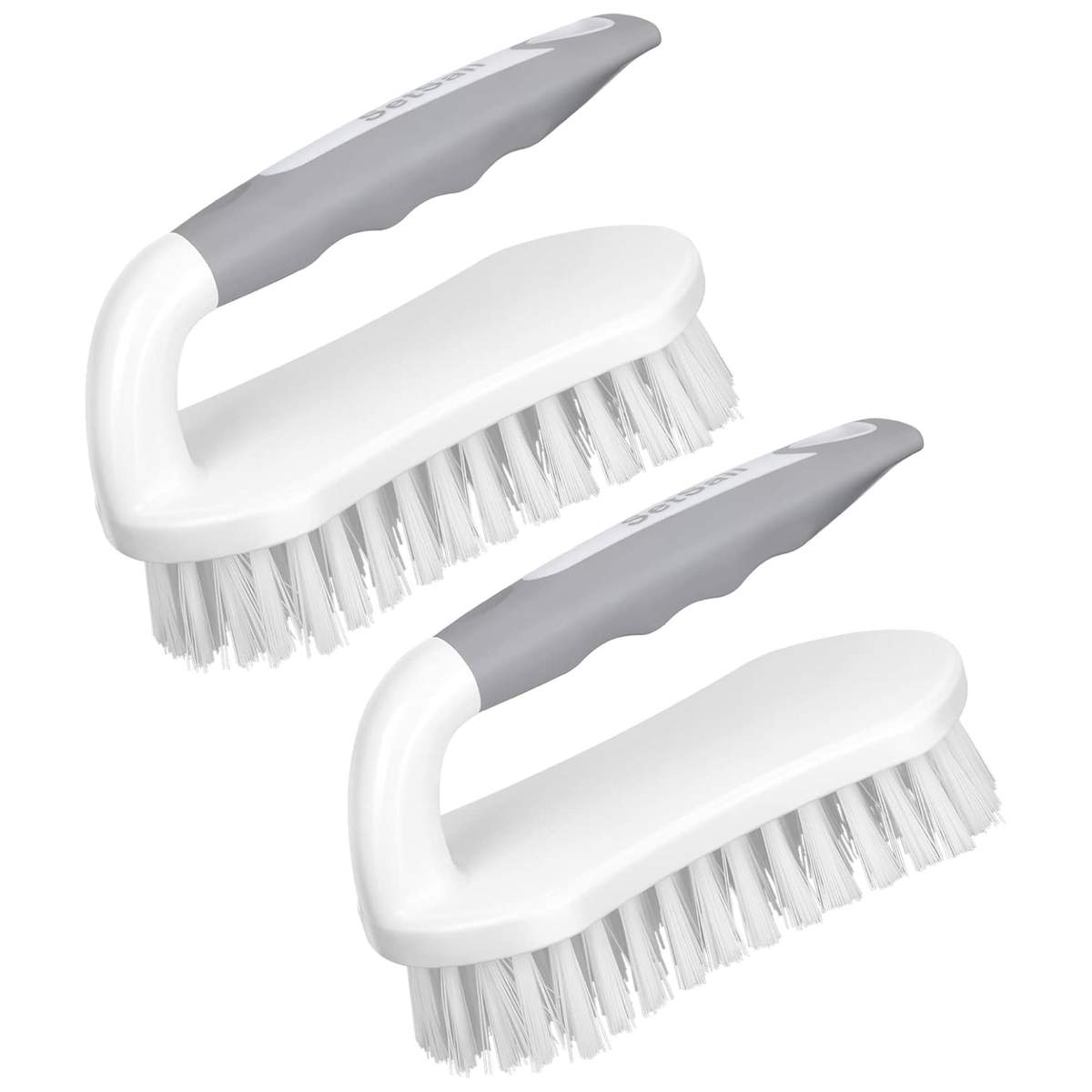 Two white scrubbing brushes with gray handles