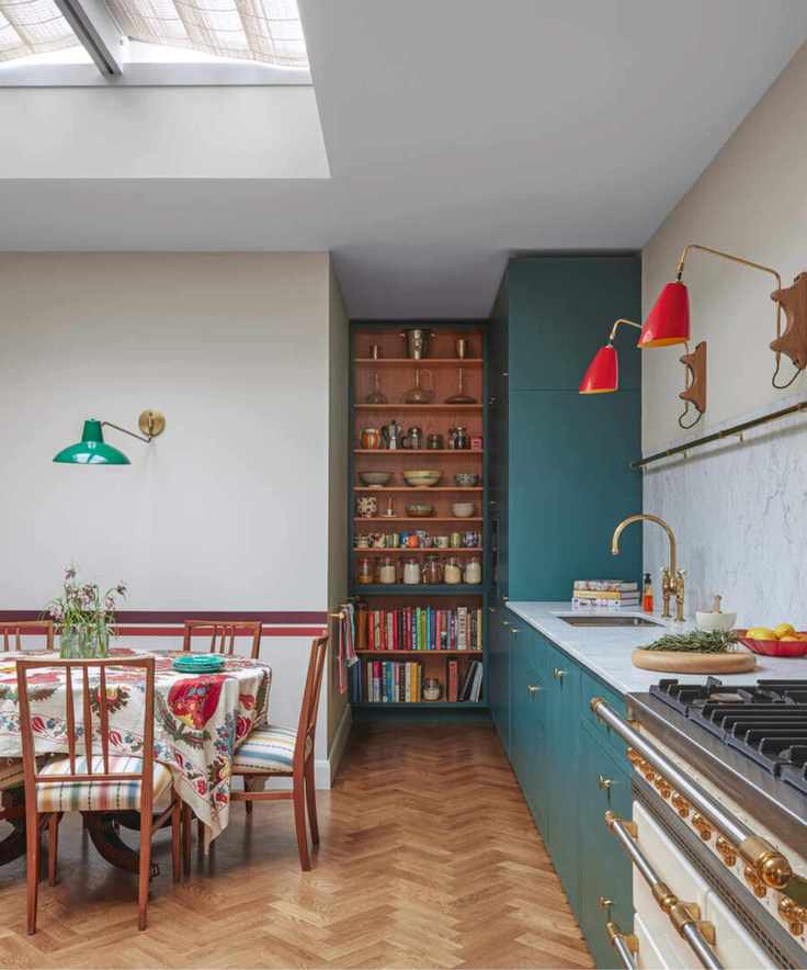 Blue pantry, red lamps, wood floor