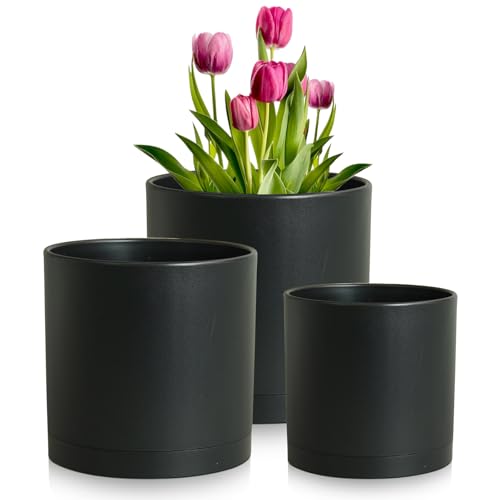 Meowell 8/7/6 Inch Plant Pots, 3 Set Cylinder Flower Pots for Outdoor Indoor Plants, Decorative Plastic Planters With Drainage Holes and Saucers for Garden House Plants, Black