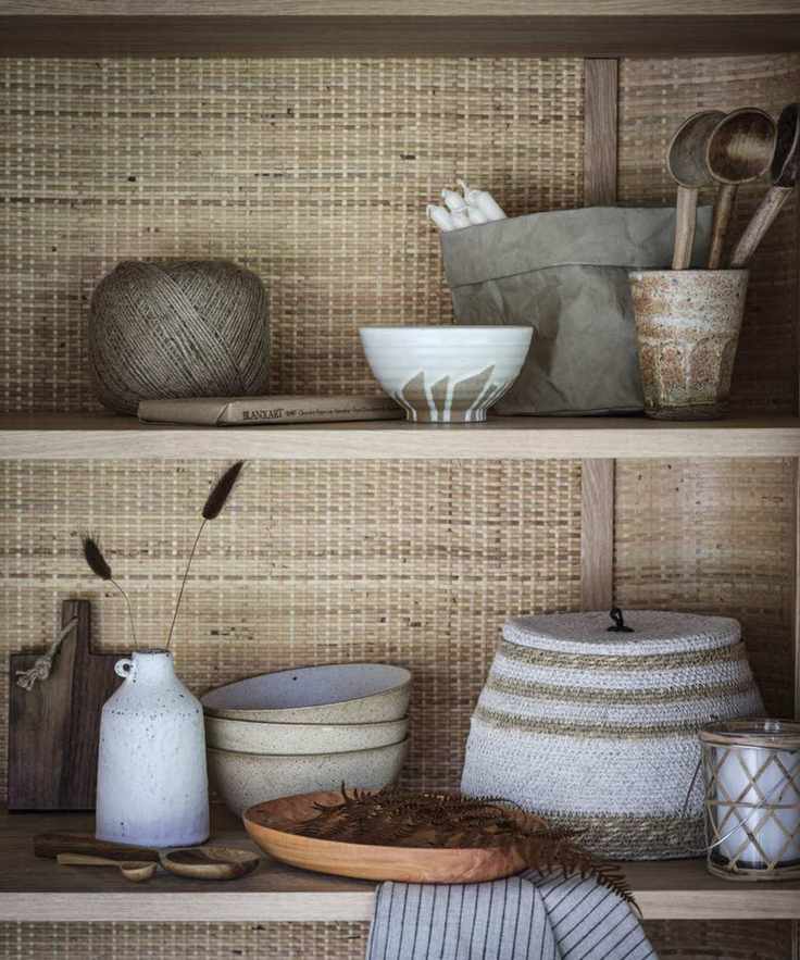 shelving with ceramic and wooden ornaments