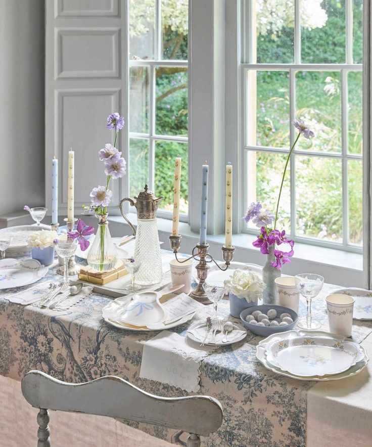 Meri Meri blue and white Easter tablescape with painted candles