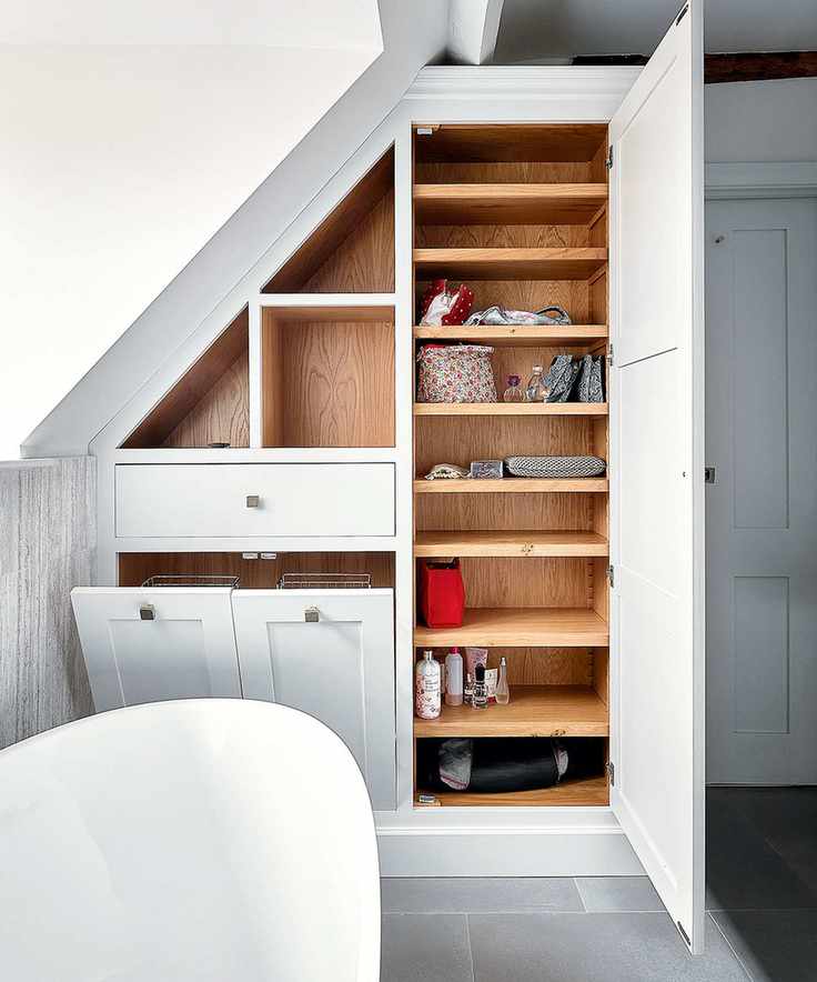white bathroom with shelves