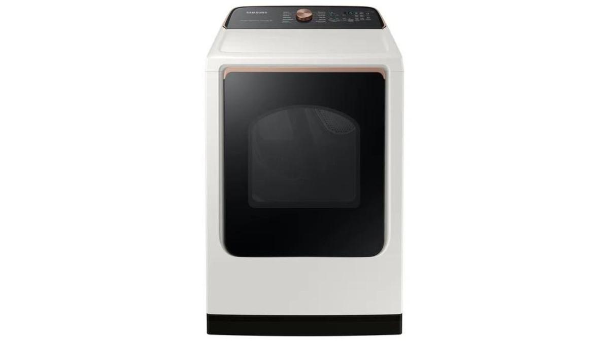 A white, smart samsung dryer on a white background