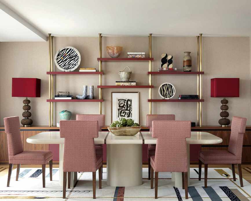 Art Deco dining room featuring pink and gold accents