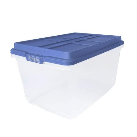 Hefty, 72 Quart Clear Storage Bin, Latched Storage Container, With Blue Hi-Rise Lid