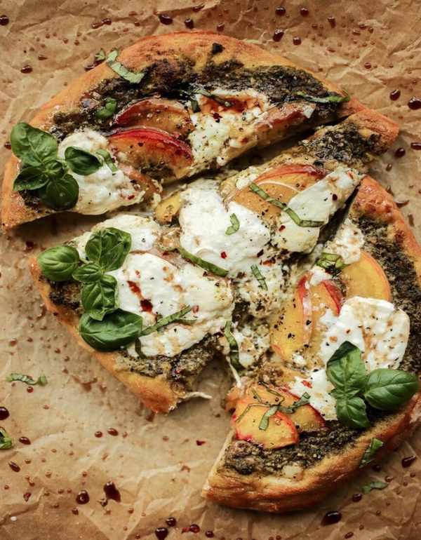 peach pesto balsamic and burrata pizza
