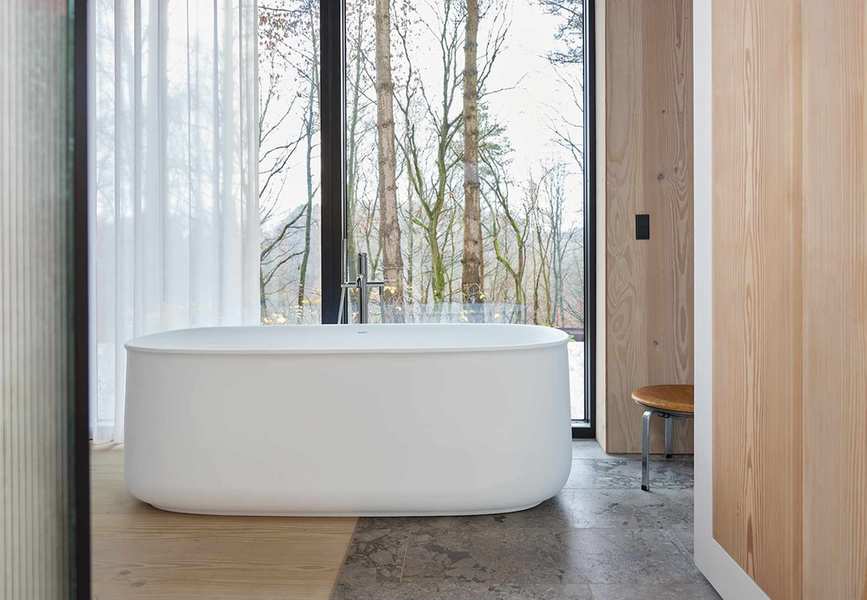 Duravit Zencha bath in concrete and wood japanese style bathroom