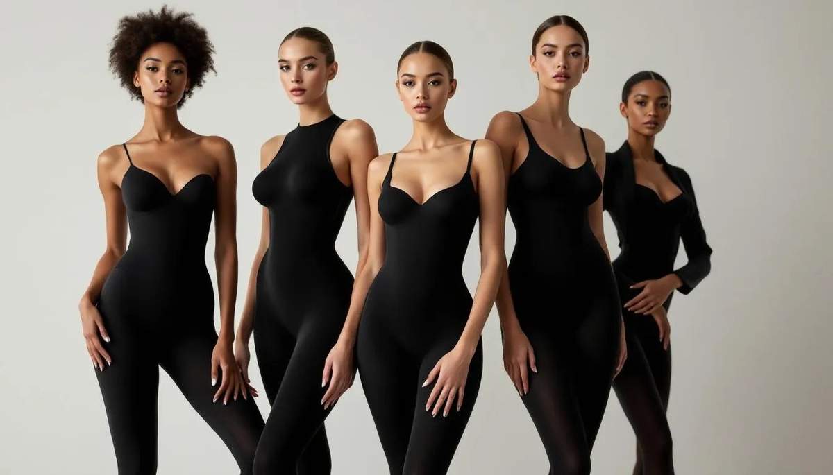 A diverse range of shapewear bodysuits available in various sizes.