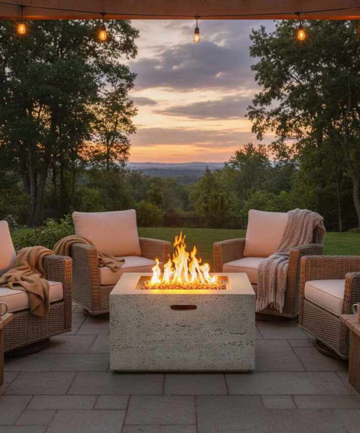 comfortable chairs with blankets around a firepit outdoors