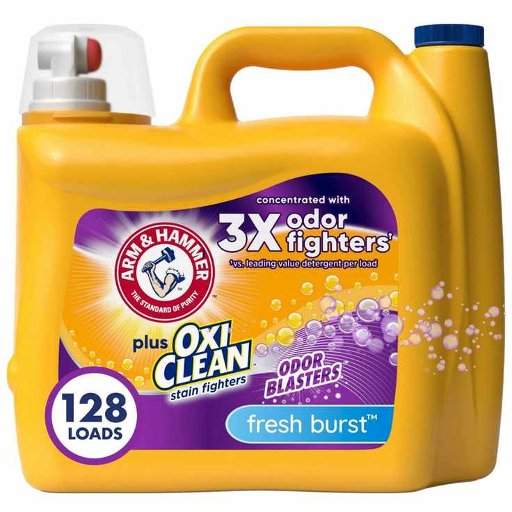 A yellow bottle of laundry detergent with a purple and yellow label