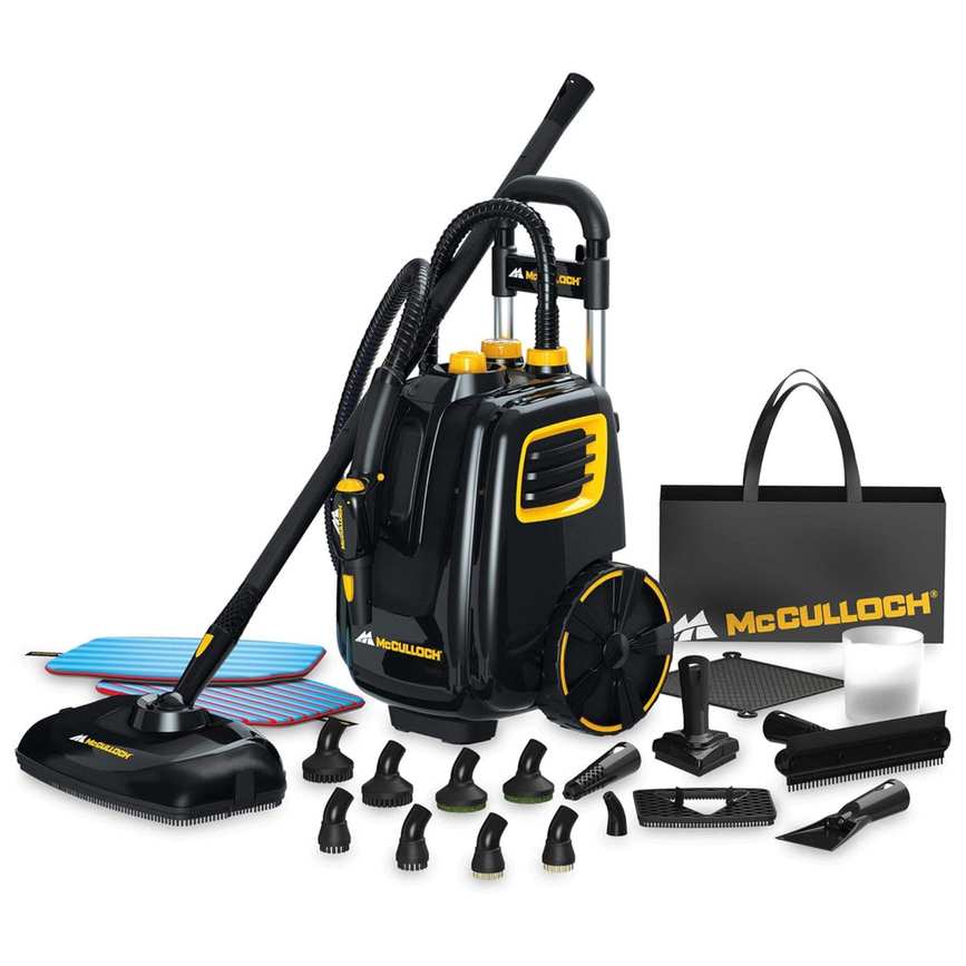 Black and yellow steam cleaner with multiple attachments.