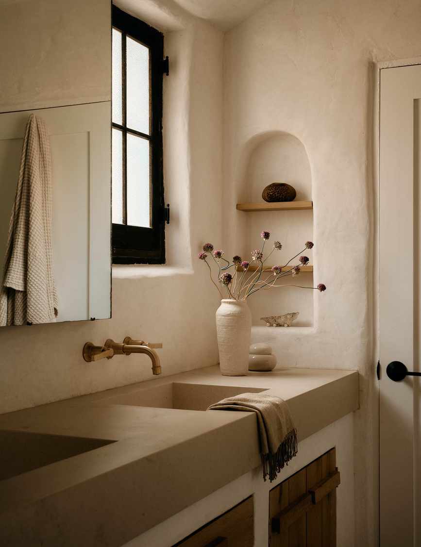 Calming California bathroom that features plaster walls, an arched recessed wall niche, and an original mirrored medicine cabinet