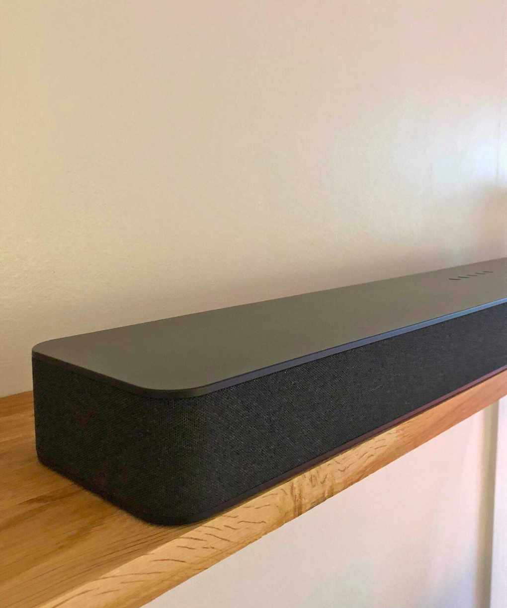 Closeup of the Fire TV Soundbar Plus on a shelf.