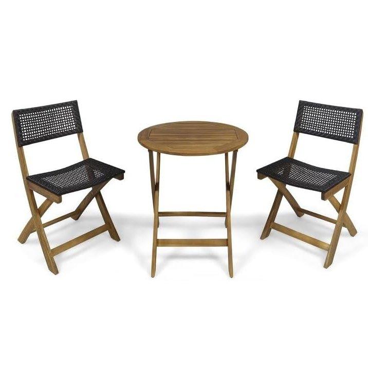a stock photo of a 2-person patio dining set consisting of two fold-out black and wood chairs and a small round wooden table
