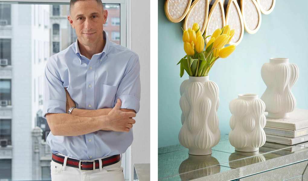 Two pictures next to each other, one of Jonathan Adler standing up and the other of three of his white vases
