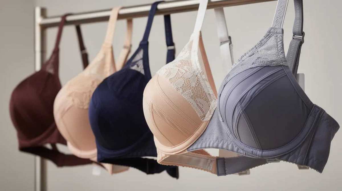Structured bras with multi-part seamed cups hanging on display, showcasing various sizes and styles for a well-fitting bra.