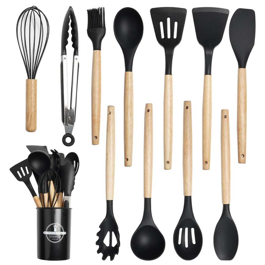Koomade 12-Piece Siliware Kitchen Utensil Set in Black With Wooden Handles &amp;amp; Holder, Non-Scratch and Heat-Resistant for Non-Stick Cookware &amp;amp; Reviews | Wayfair