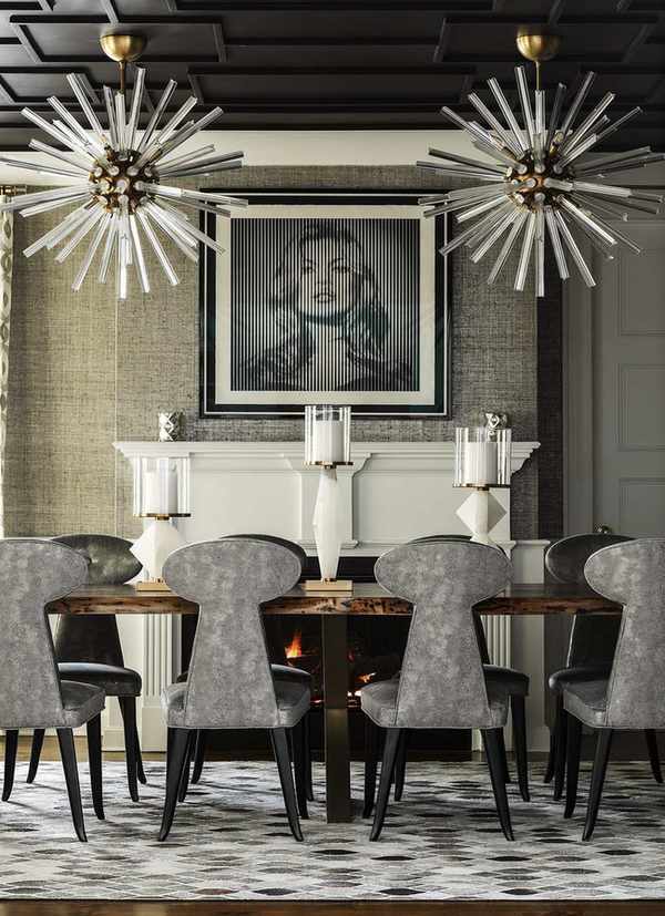 bold dining room with two glass pendants, wallpaper, artwork, open fire, grey dining chairs, grey/black rug, black ceiling