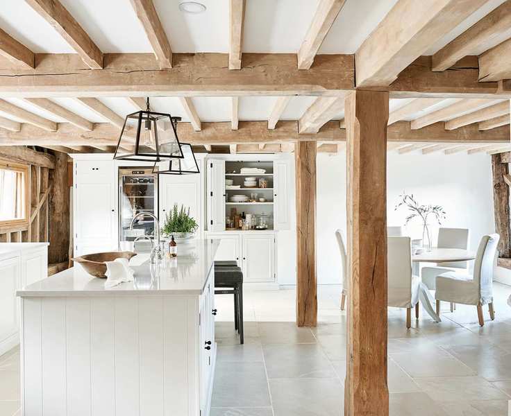Country kitchen diner with white cabinetry and white dining furniture