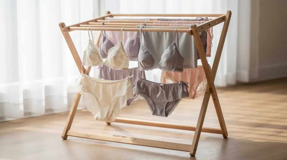 The image shows delicate intimate apparel items, including Wacoal bras and bralettes, air drying on a wooden rack, showcasing their quality fabrics and intricate lace details. This serene display emphasizes the importance of achieving the perfect fit and comfort in women's lingerie.