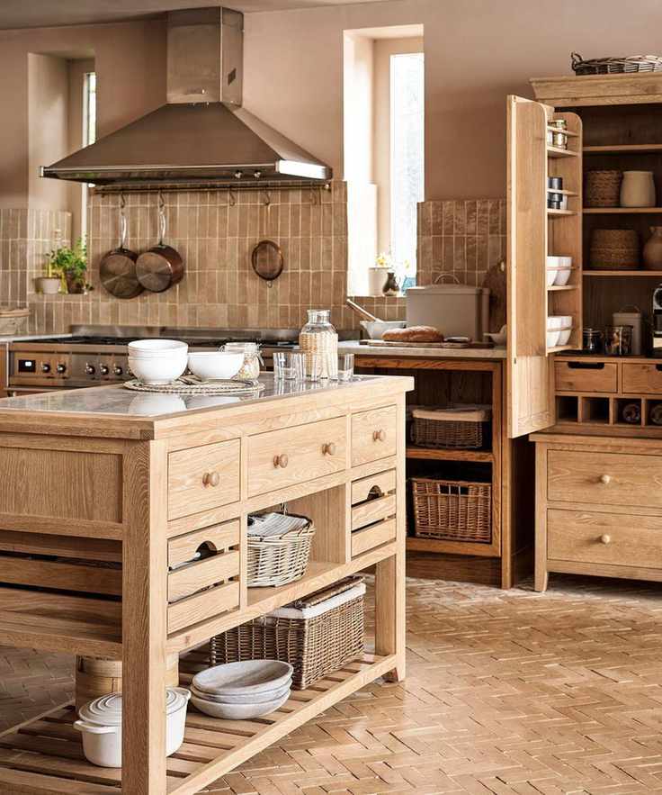 Rustic country kitchen with a freestanding wooden island
