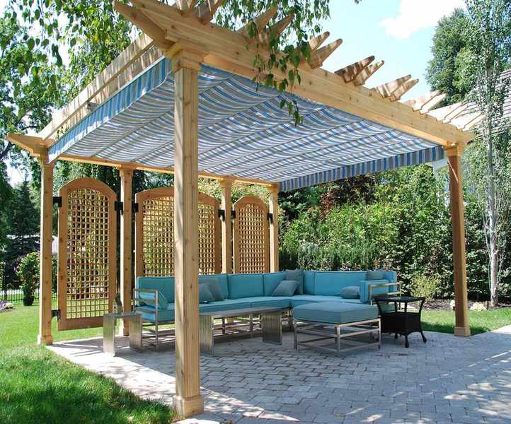 retractable blue and white striped pergola canopy