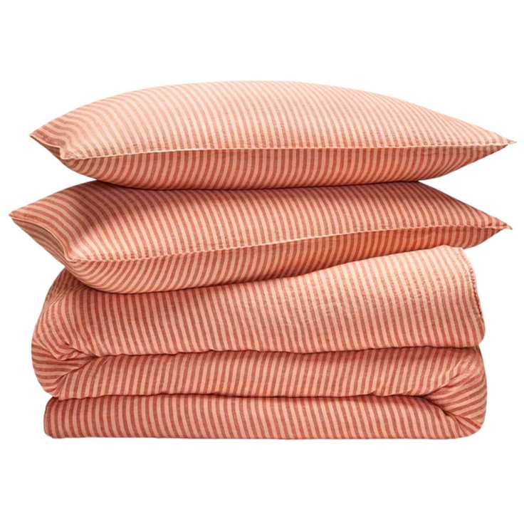Washed European Linen Duvet Set in pink and orange stripes