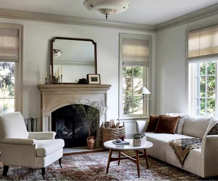 Living room with a stone fireplace