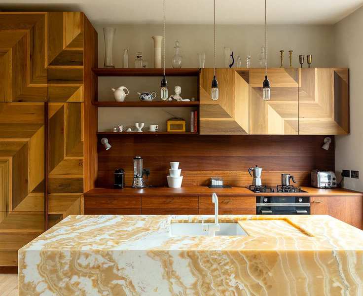Art Deco kitchen featuring wooden cabinets