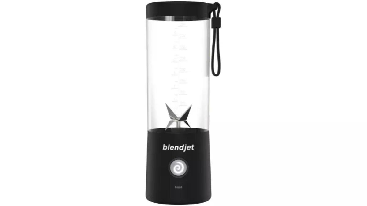 A black portable BlendJet blender on a white background