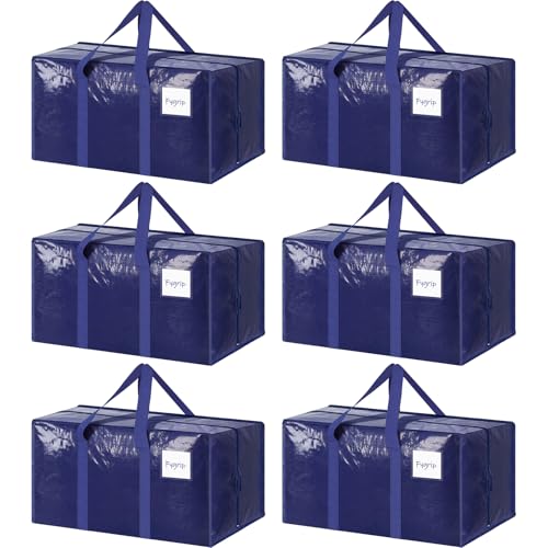 6 Pack Extra Heavy Duty Large Moving Bags With Strong Zipper & Comfortable Handles, blue rectangular bags with handles and white labels.