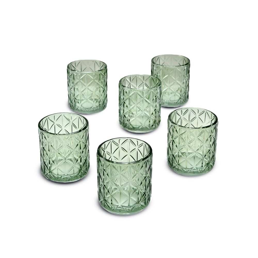 The Holiday Aisle® Set of 6 Small Green Diamond Cut Glass Tealight Holder, Decorative Centerpiece for Wedding, Christmas, Thanksgiving, Party, Spa, Dining Table Décor, 2.75