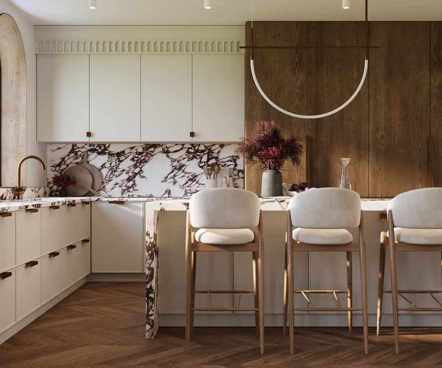 A midimalist kitchen featuring black and white marble surfaces and wooden cabinetry