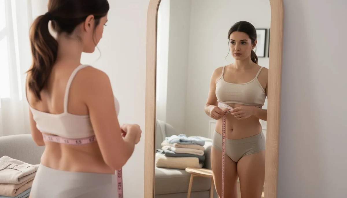 A woman measures her underbust using a tape measure to find her correct bra size, focusing on getting the best fit for support and comfort.